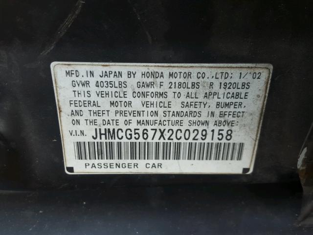 JHMCG567X2C029158 - 2002 HONDA ACCORD SE BLACK photo 10