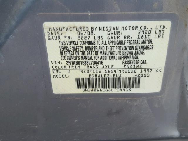 3N1AB61E88L734415 - 2008 NISSAN SENTRA 2.0 GRAY photo 10