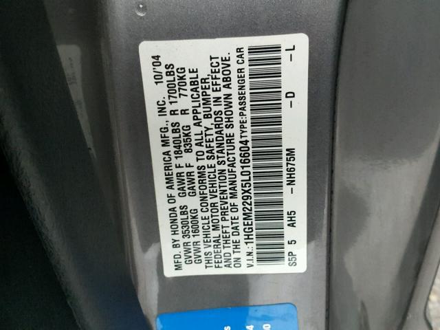 1HGEM229X5L016604 - 2005 HONDA CIVIC EX 灰色 照片 10