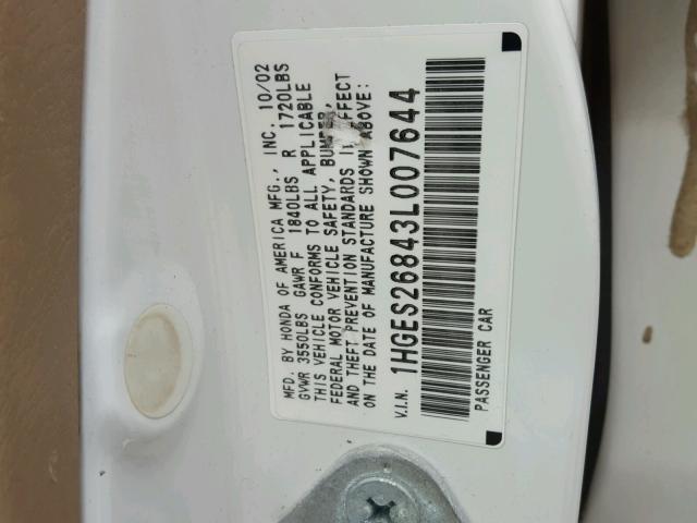 1HGES26843L007644 - 2003 HONDA CIVIC EX WHITE photo 10