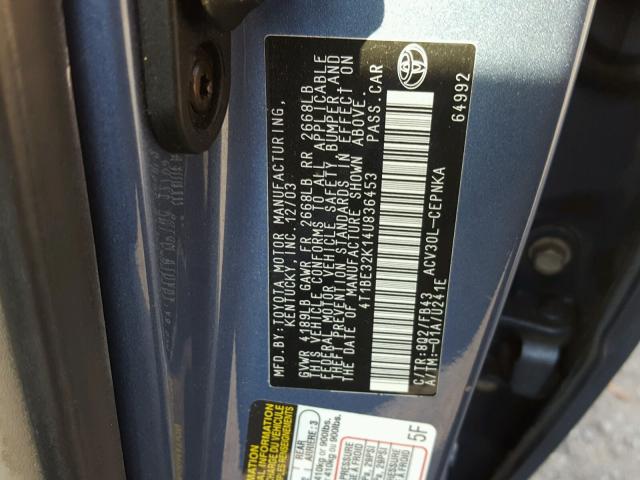 4T1BE32K14U836453 - 2004 TOYOTA CAMRY LE BLUE photo 10