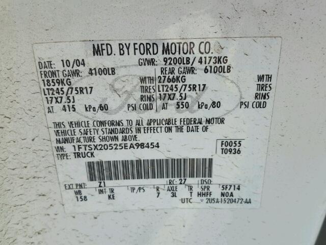 1FTSX20525EA98454 - 2005 FORD F250 SUPER WHITE photo 10