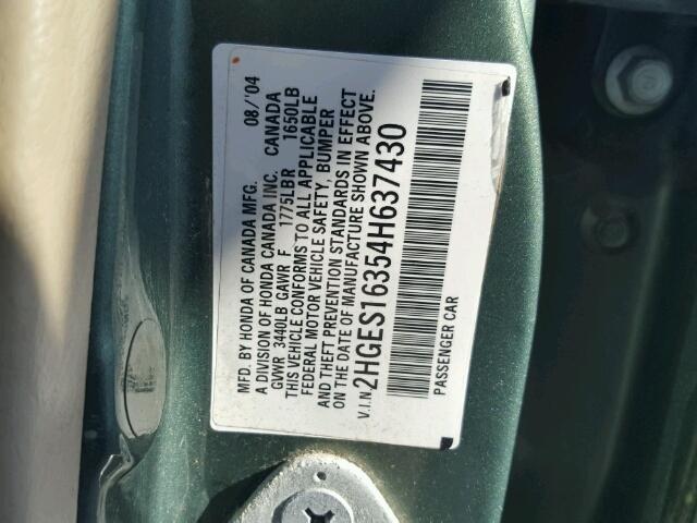 2HGES16354H637430 - 2004 HONDA CIVIC DX V GREEN photo 10