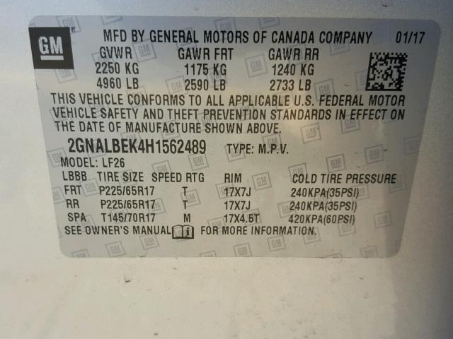 2GNALBEK4H1562489 - 2017 CHEVROLET EQUINOX LS SILVER photo 10