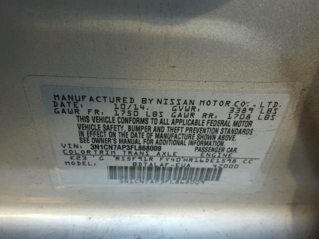 3N1CN7AP3FL868009 - 2015 NISSAN VERSA S SILVER photo 10