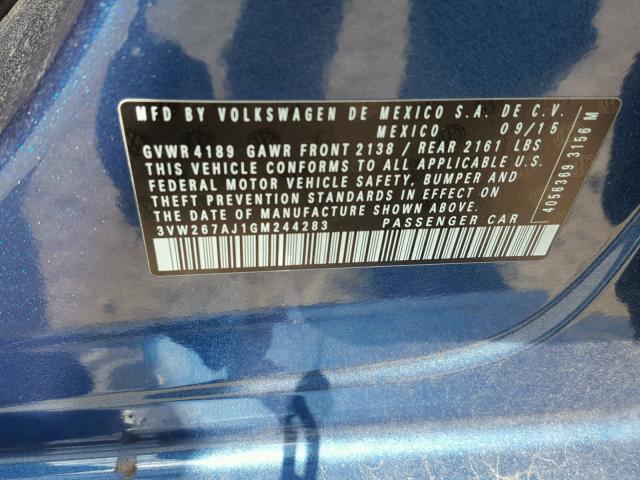 3VW267AJ1GM244283 - 2016 VOLKSWAGEN JETTA S BLUE photo 10