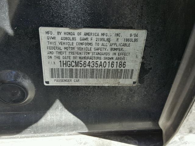 1HGCM56435A016186 - 2005 HONDA ACCORD LX BLACK photo 10