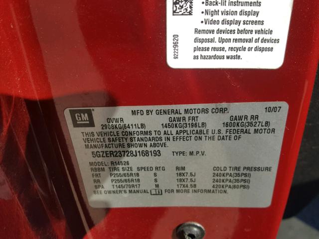 5GZER23728J168193 - 2008 SATURN OUTLOOK XR RED photo 10