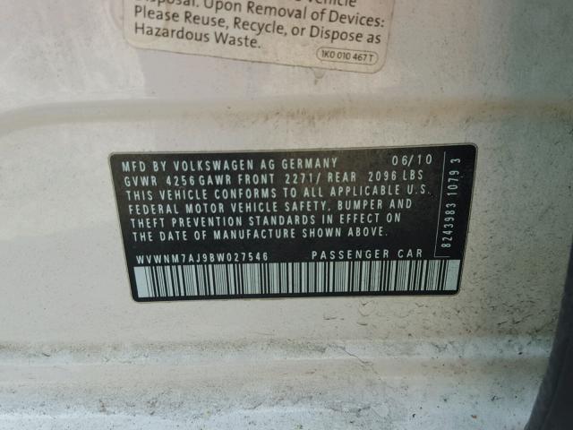 WVWNM7AJ9BW027546 - 2011 VOLKSWAGEN GOLF 白色 照片 10