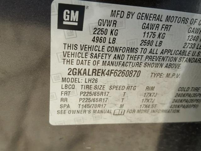 2GKALREK4F6260870 - 2015 GMC TERRAIN SL GRAY photo 10