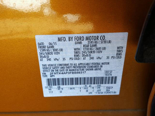 2FMTK4AP3FBB59317 - 2015 FORD EDGE SPORT ORANGE photo 10