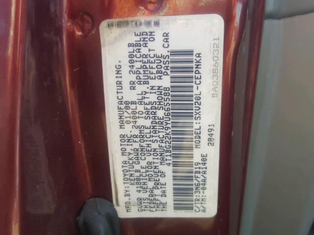 4T1BG22K9YU665588 - 2000 TOYOTA CAMRY CE BURGUNDY photo 10