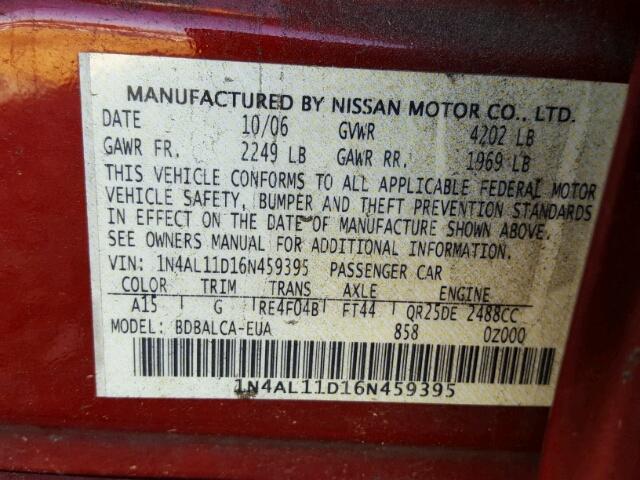 1N4AL11D16N459395 - 2006 NISSAN ALTIMA S BURGUNDY photo 10