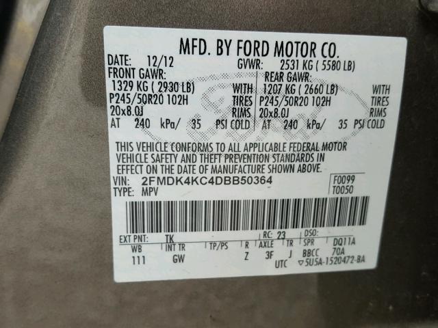 2FMDK4KC4DBB50364 - 2013 FORD EDGE LIMIT SILVER photo 10