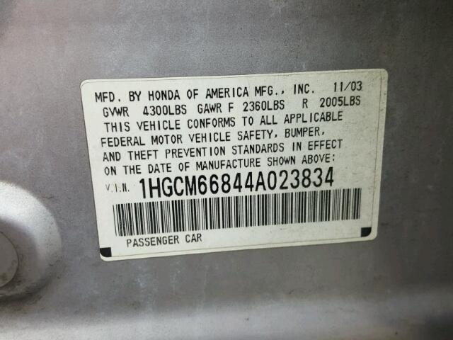 1HGCM66844A023834 - 2004 HONDA ACCORD EX SILVER photo 10