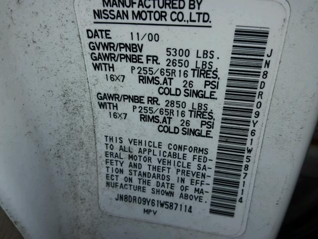 JN8DR09Y61W587114 - 2001 NISSAN PATHFINDER WHITE photo 10