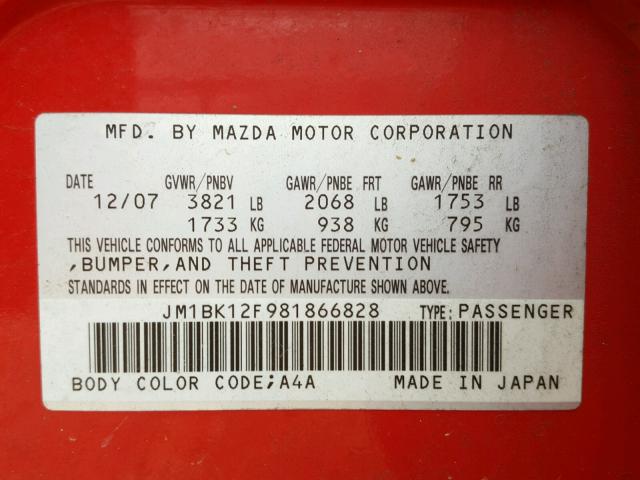 JM1BK12F981866828 - 2008 MAZDA 3 I RED photo 10