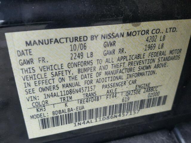 1N4AL11D86N457157 - 2006 NISSAN ALTIMA S BLACK photo 10