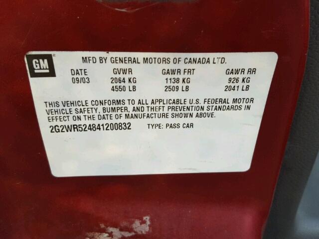 2G2WR524841200832 - 2004 PONTIAC GRAND PRIX MAROON photo 10