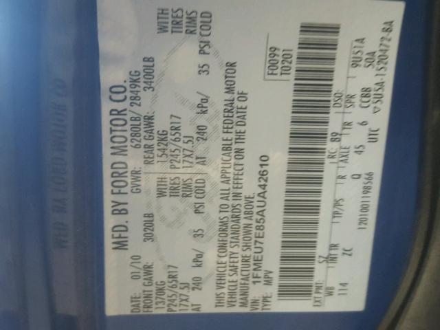 1FMEU7E85AUA42610 - 2010 FORD EXPLORER E BLUE photo 10