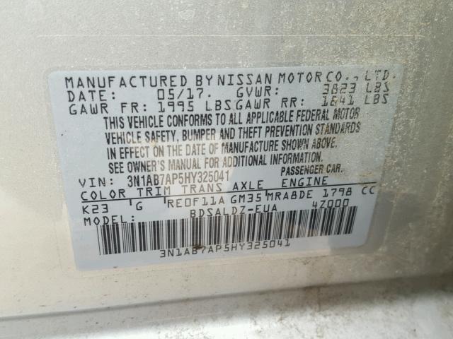 3N1AB7AP5HY325041 - 2017 NISSAN SENTRA S GRAY photo 10