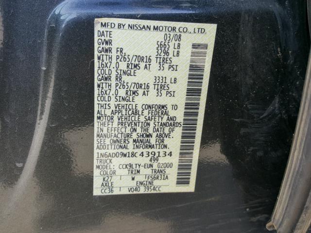 1N6AD09W18C439134 - 2008 NISSAN FRONTIER C GRAY photo 10