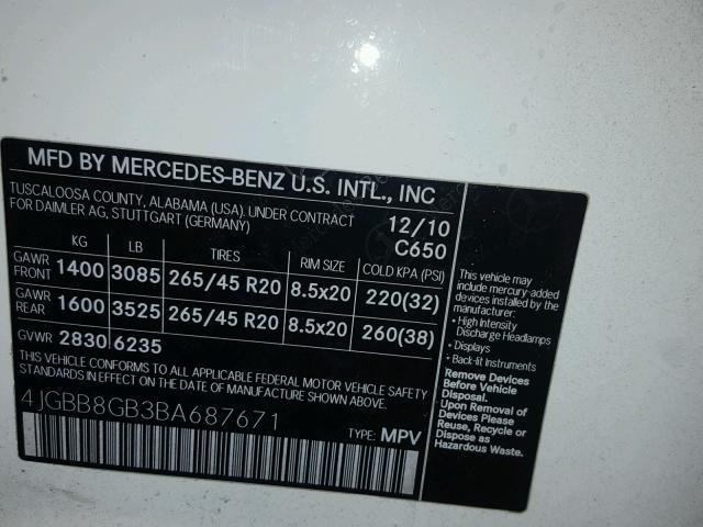 4JGBB8GB3BA687671 - 2011 MERCEDES-BENZ ML 350 4MA WHITE photo 10