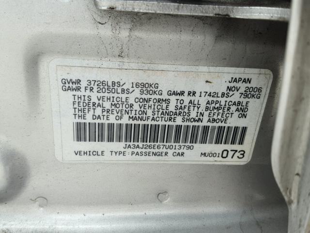 JA3AJ26E67U013790 - 2007 MITSUBISHI LANCER ES SILVER photo 10