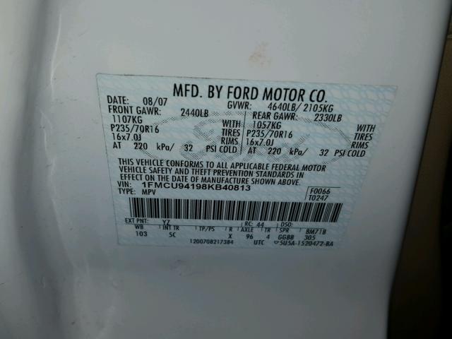 1FMCU94198KB40813 - 2008 FORD ESCAPE LIM WHITE photo 10