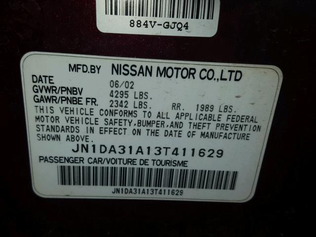 JN1DA31A13T411629 - 2003 NISSAN MAXIMA GLE BURGUNDY photo 10