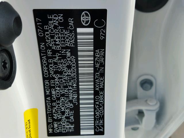 JTNB11HK0J3020049 - 2018 TOYOTA CAMRY L 白色 照片 10