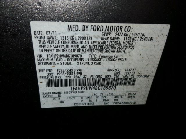 1FAHP2HW4BG189870 - 2011 FORD TAURUS SEL CHARCOAL photo 10