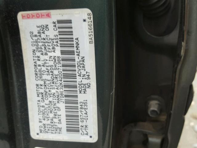 JTDBE32K420071988 - 2002 TOYOTA CAMRY LE 绿色 照片 10