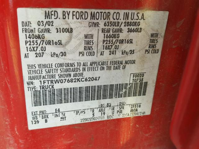 1FTRW07682KC62047 - 2002 FORD F150 SUPER RED photo 10