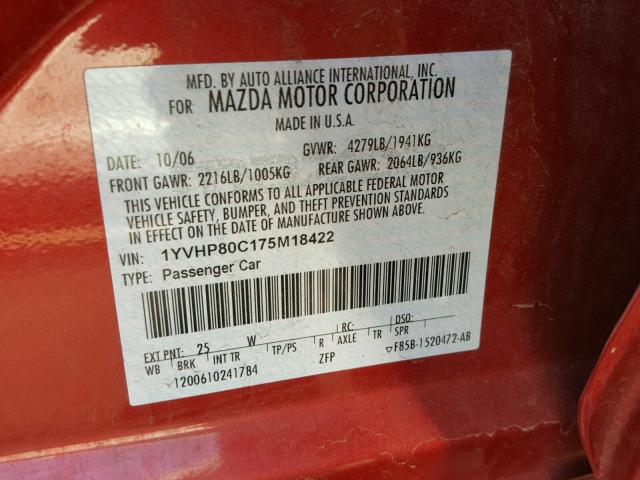 1YVHP80C175M18422 - 2007 MAZDA 6 I RED photo 10