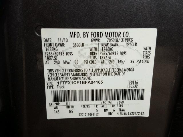 1FTFX1CF1BFA04165 - 2011 FORD F150 SUPER GRAY photo 10