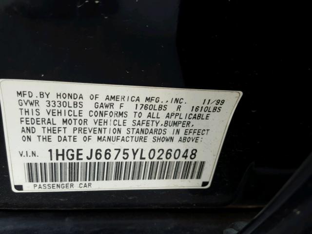 1HGEJ6675YL026048 - 2000 HONDA CIVIC LX BLACK photo 10