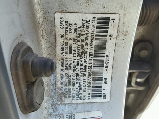 1HGFA16546L151707 - 2006 HONDA CIVIC LX SILVER photo 10