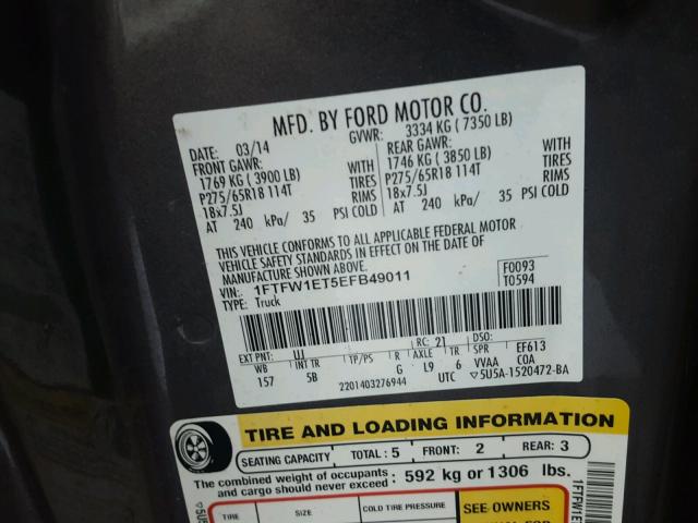 1FTFW1ET5EFB49011 - 2014 FORD F150 SUPER GRAY photo 10