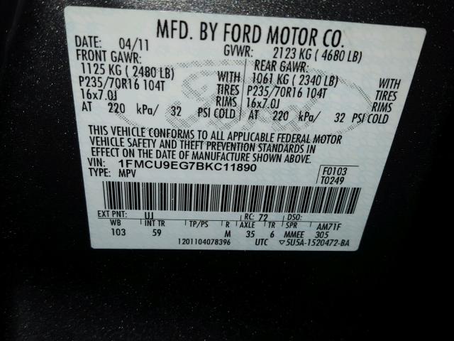 1FMCU9EG7BKC11890 - 2011 FORD ESCAPE LIM GRAY photo 10