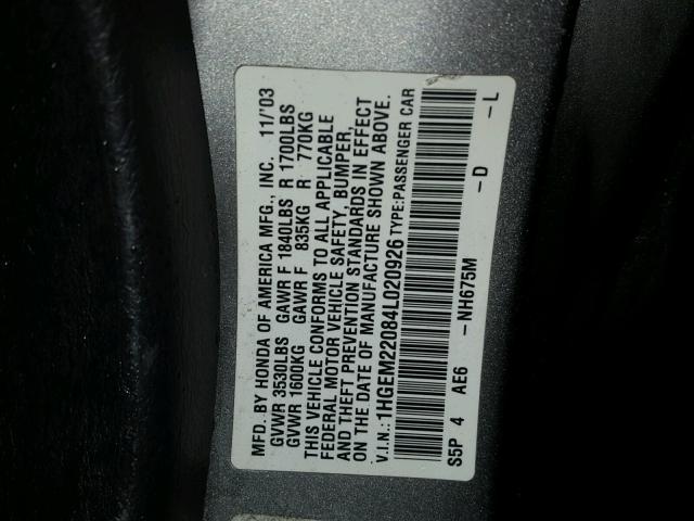 1HGEM22084L020926 - 2004 HONDA CIVIC EX GRAY photo 10