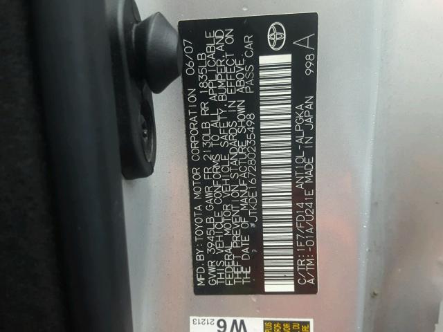 JTKDE167280235498 - 2008 TOYOTA SCION TC 银色 照片 10