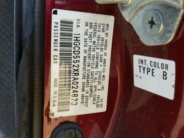 1HGCD552XRA024873 - 1994 HONDA ACCORD DX BURGUNDY photo 10