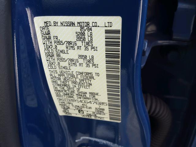 5N1ED28Y14C647605 - 2004 NISSAN XTERRA XE BLUE photo 10