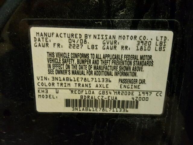 3N1AB61E78L711336 - 2008 NISSAN SENTRA 2.0 BLACK photo 10