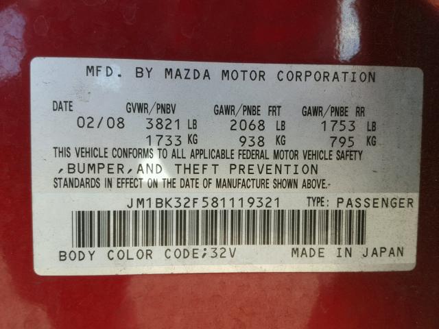 JM1BK32F581119321 - 2008 MAZDA 3 I RED photo 10