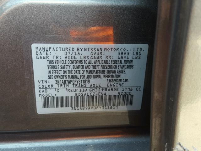 3N1AB7AP0FY311819 - 2015 NISSAN SENTRA S GRAY photo 10