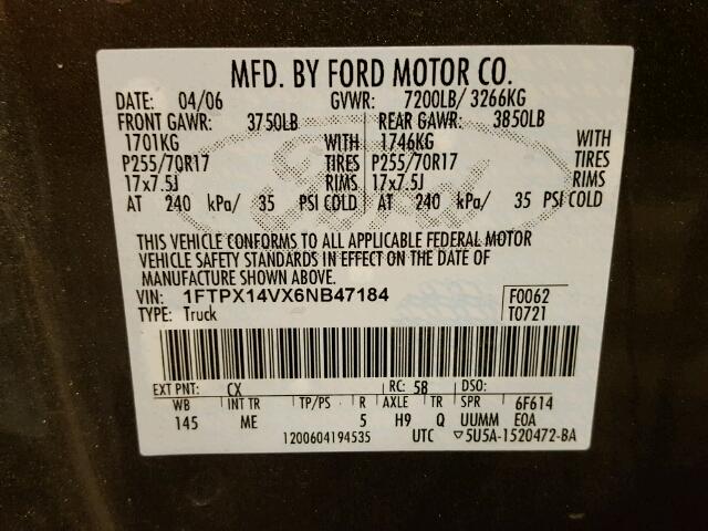 1FTPX14VX6NB47184 - 2006 FORD F150 Grau Foto 10