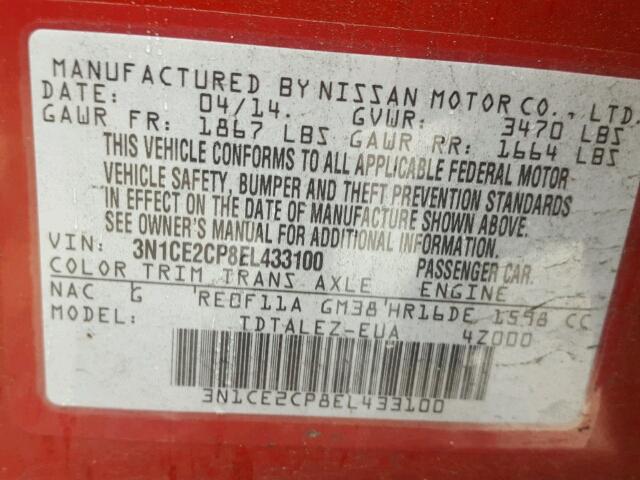 3N1CE2CP8EL433100 - 2014 NISSAN VERSA NOTE RED photo 10