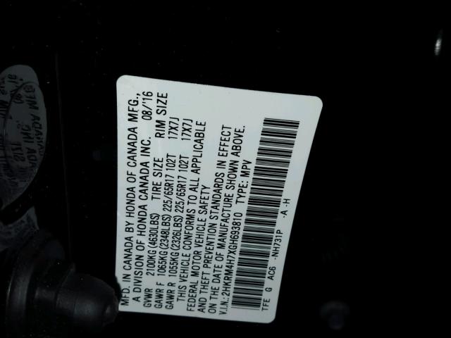 2HKRM4H7XGH693810 - 2016 HONDA CR-V EXL BLACK photo 10